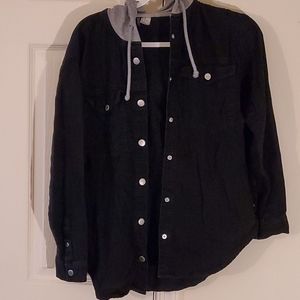 F21 black hooded utility jacket snap button down